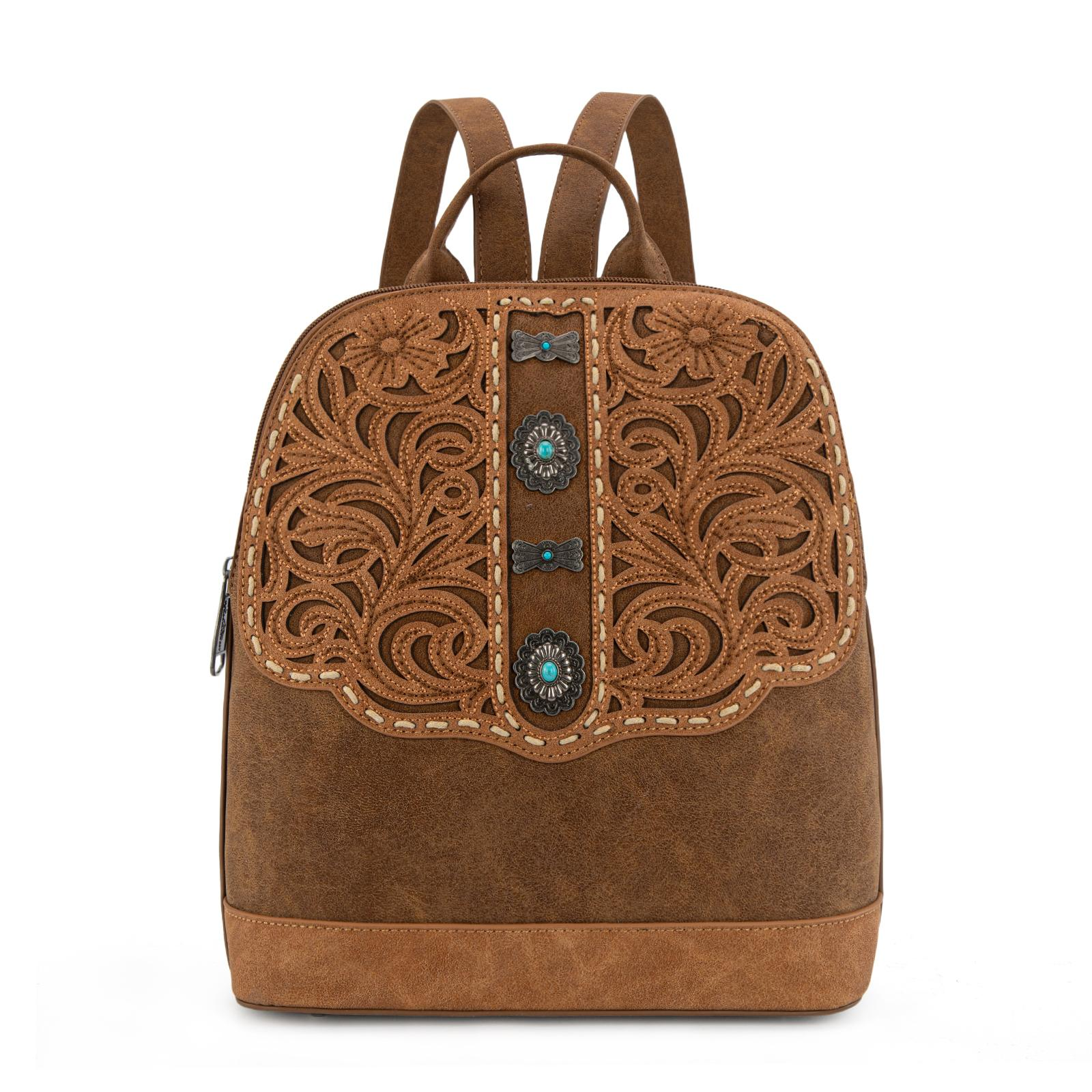 Montana West Western Backpack for Women with Intricate Embroidery and Turquoise Accents Brown Suede Material