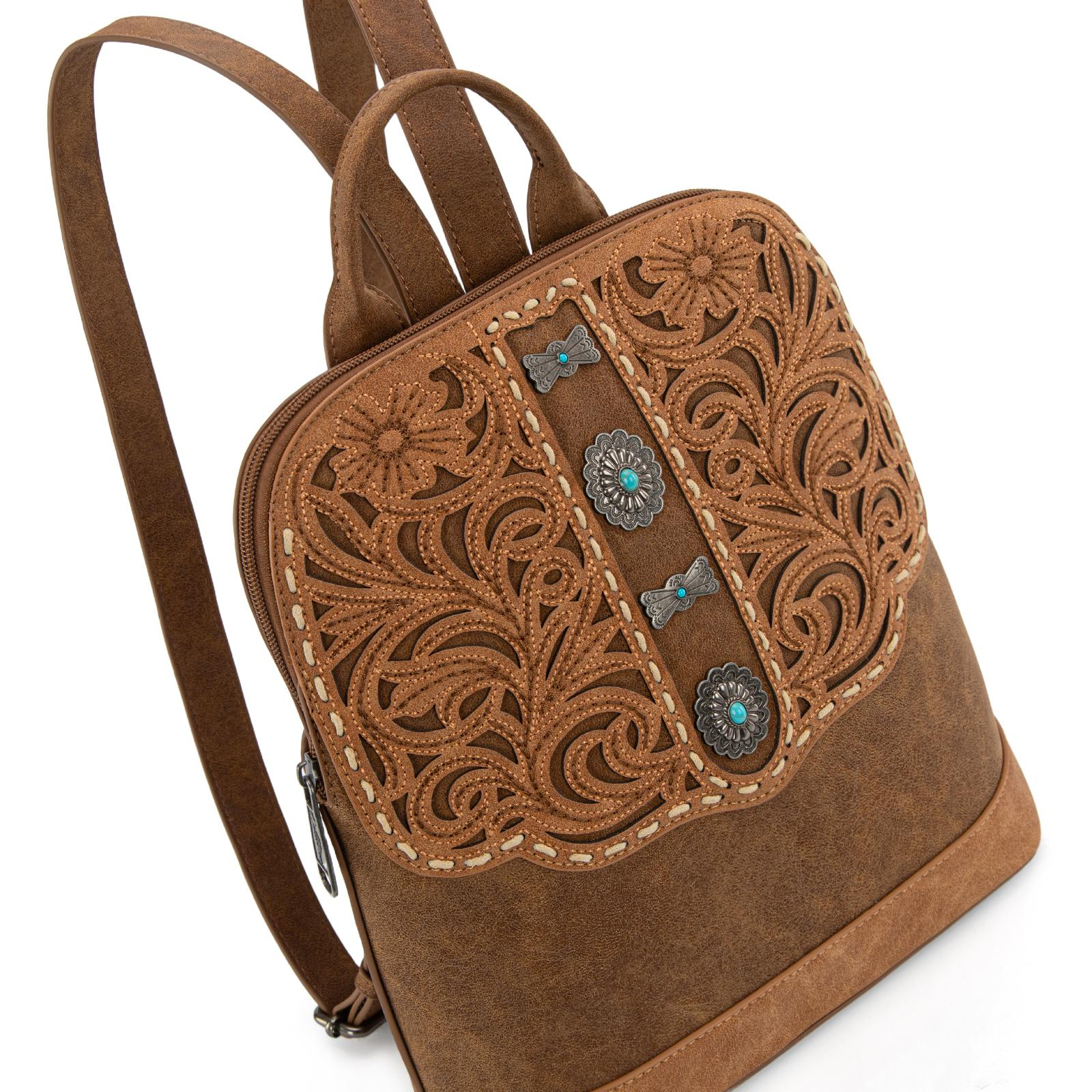 Montana West Western Backpack for Women with Intricate Embroidery and Turquoise Accents Brown Suede Material