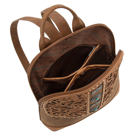 Montana West Western Backpack for Women with Intricate Embroidery and Turquoise Accents Brown Suede Material