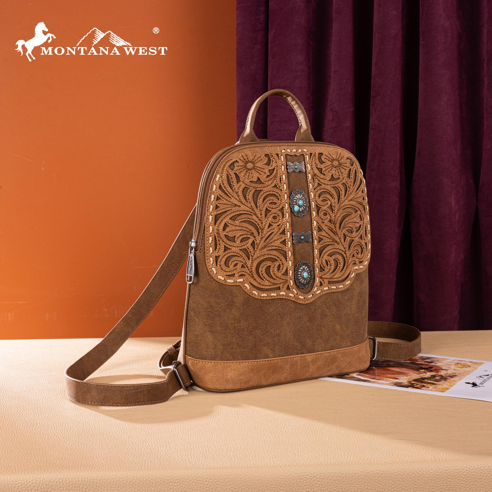 Montana West Western Backpack for Women with Intricate Embroidery and Turquoise Accents Brown Suede Material