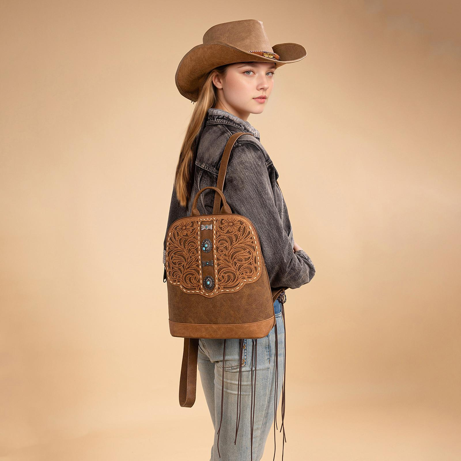 Montana West Western Backpack for Women with Intricate Embroidery and Turquoise Accents Brown Suede Material