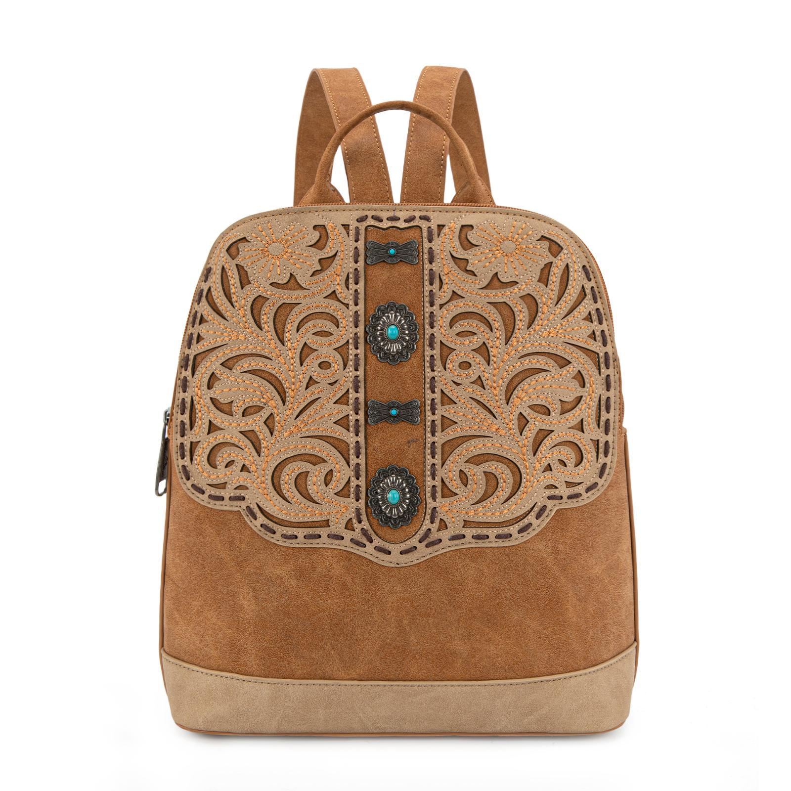 Montana West Western Backpack for Women with Intricate Embroidery and Turquoise Accents Brown Suede Material