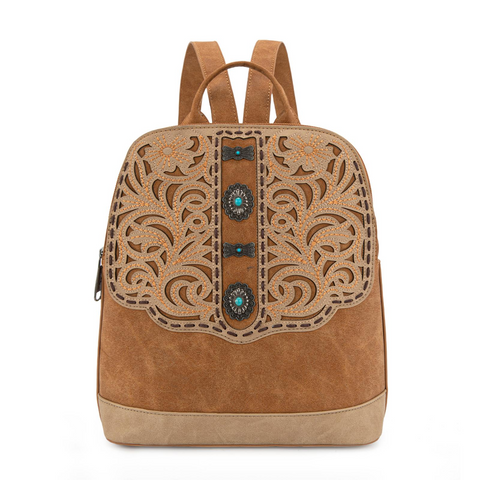 Montana West Western Backpack for Women with Intricate Embroidery and Turquoise Accents Brown Suede Material