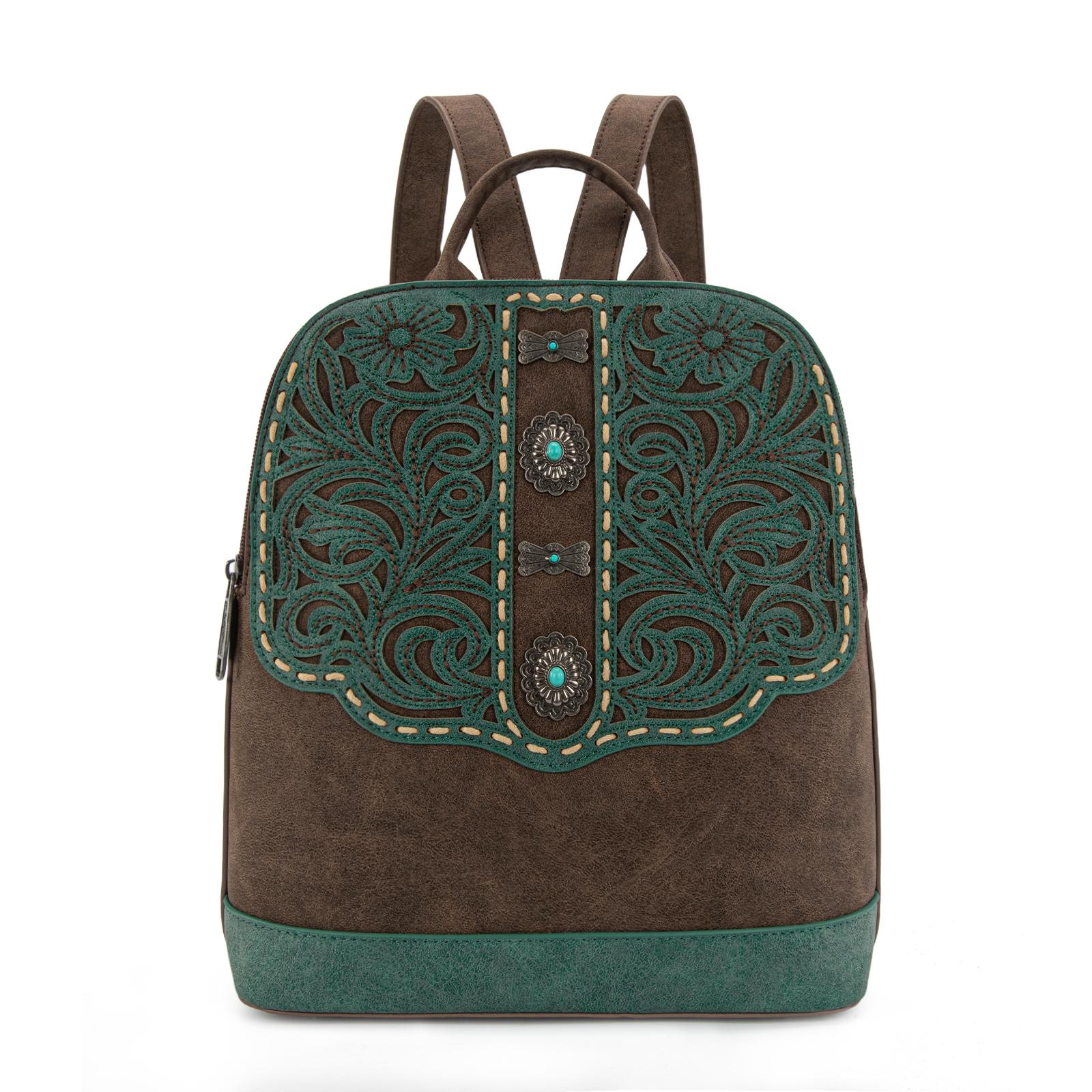 Montana West Western Backpack for Women with Intricate Embroidery and Turquoise Accents Brown Suede Material