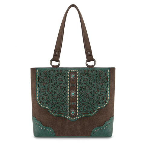 Montana West Western Shoulder Bag Top Handle for Women High Capacity with Embossed Floral Design and Studded Accents