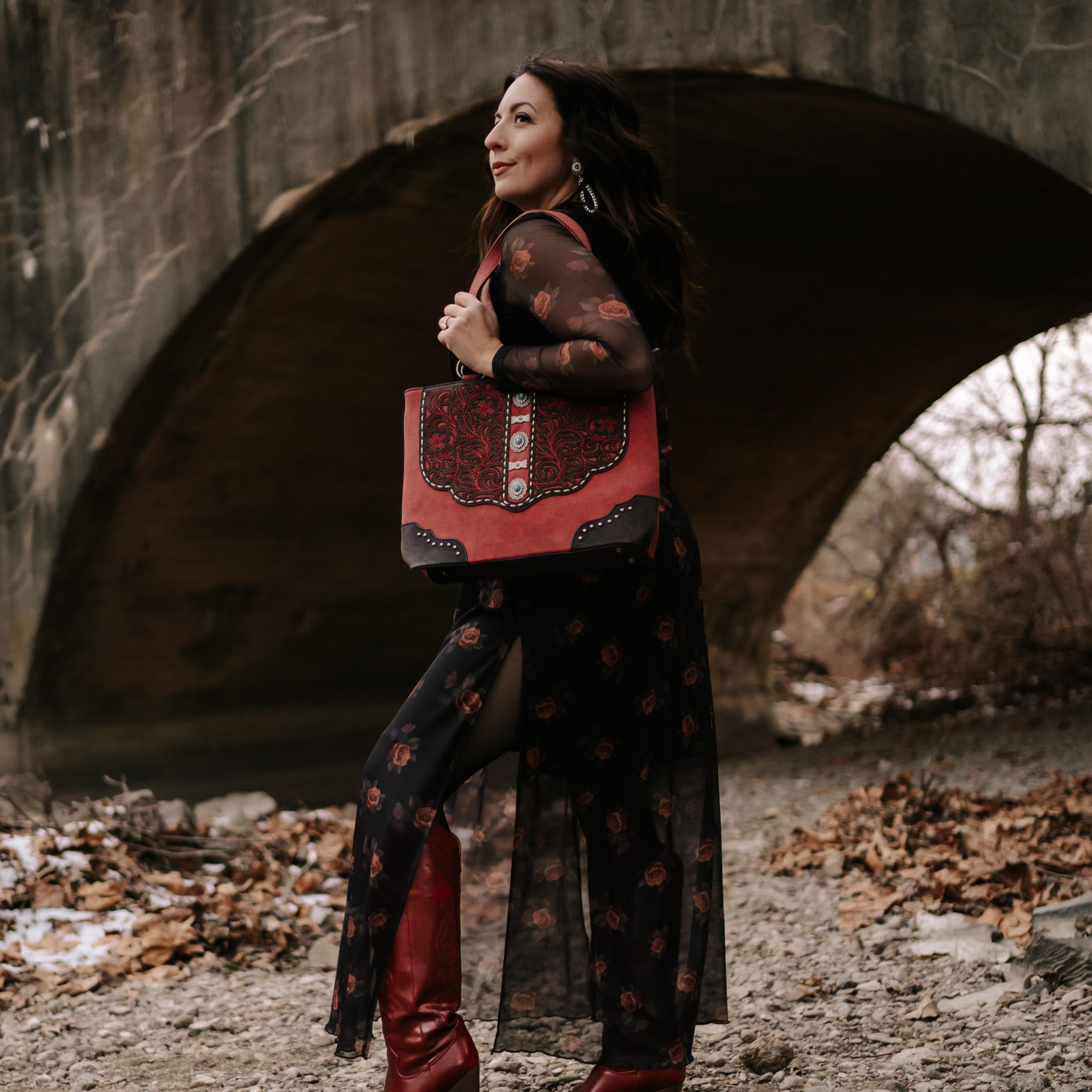 Montana West Western Shoulder Bag Top Handle for Women High Capacity with Embossed Floral Design and Studded Accents