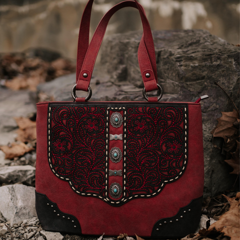 Montana West Western Shoulder Bag Top Handle for Women High Capacity with Embossed Floral Design and Studded Accents