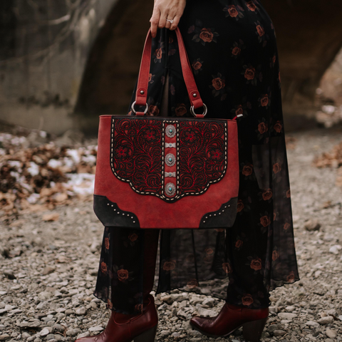 Montana West Western Shoulder Bag Top Handle for Women High Capacity with Embossed Floral Design and Studded Accents