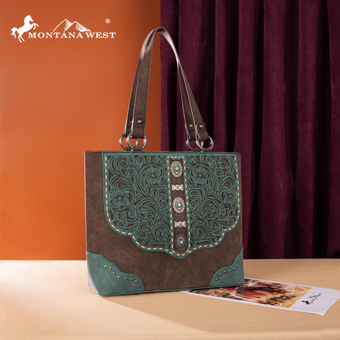 Montana West Western Shoulder Bag Top Handle for Women High Capacity with Embossed Floral Design and Studded Accents