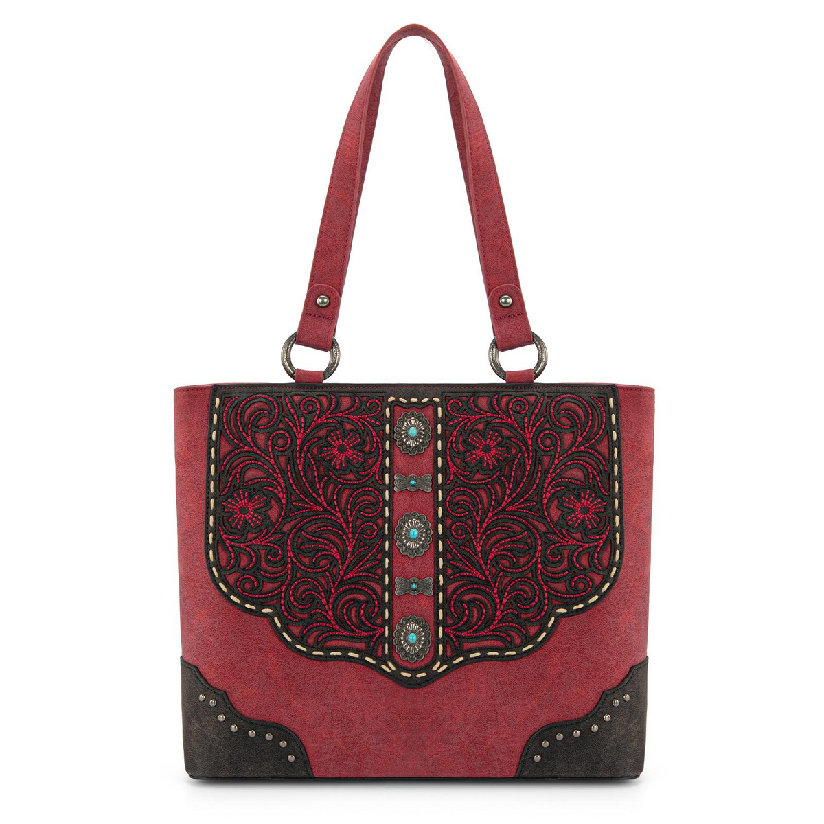 Montana West Western Shoulder Bag Top Handle for Women High Capacity with Embossed Floral Design and Studded Accents