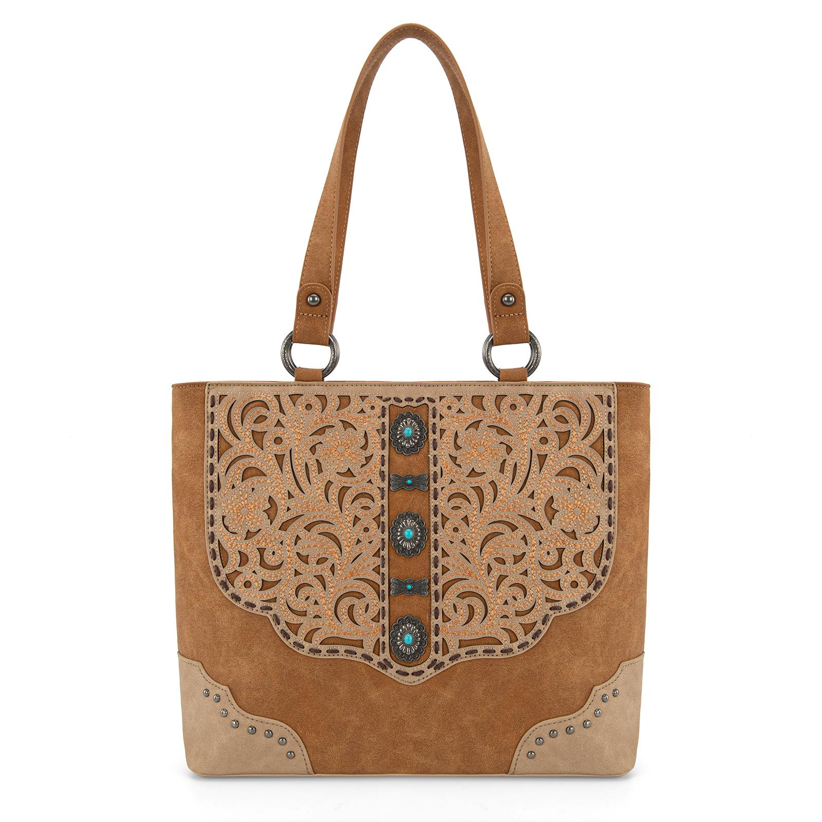 Montana West Western Shoulder Bag Top Handle for Women High Capacity with Embossed Floral Design and Studded Accents