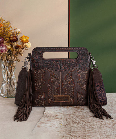 Wrangler Tooled Fringe Crossbody Bag Coffee