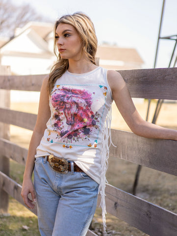 Delila Women's Distressed Hem Fringe Floral Horse Sleeveless Tee - Montana West World