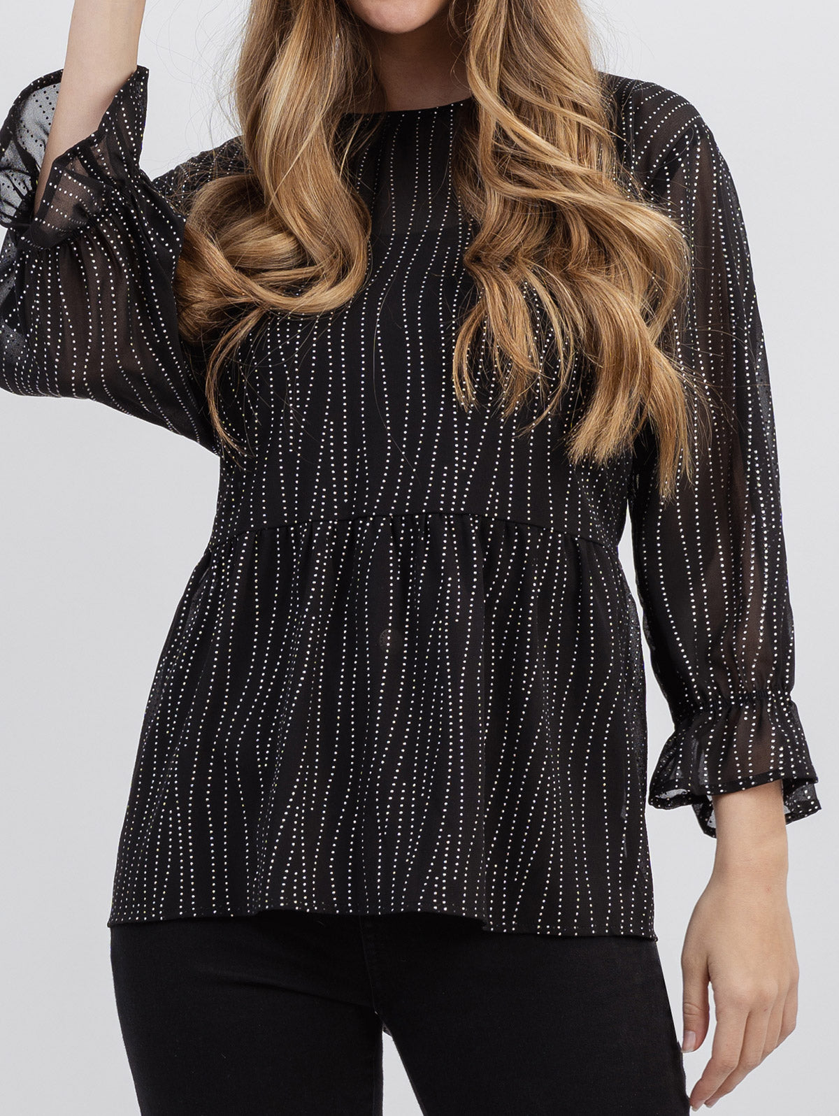 American Bling Women Shiny Particle Decoration Ruffle Sleeve Long Sleeve Top - Montana West World