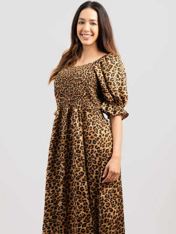 American Bling Plus Size Leopard Short Sleeve Shirred Midi Dress - Montana West World