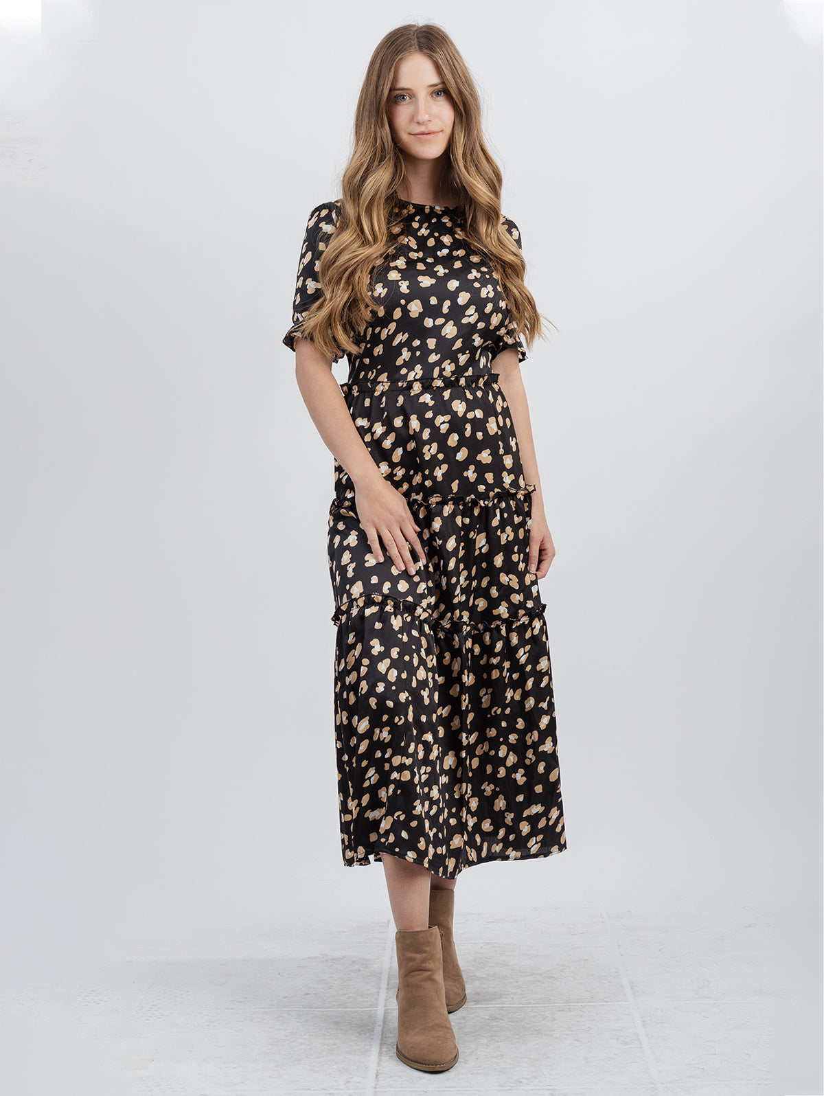 American Bling Plus Size Women Leopard Print Tiered Satin Midi Dress - Montana West World