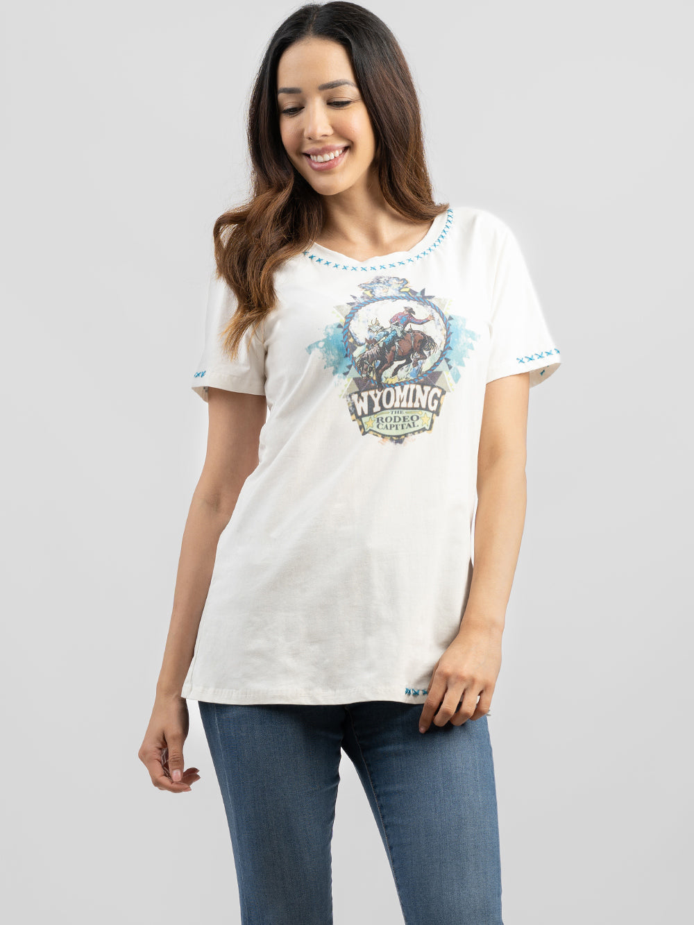 Delila Women Washed Wyoming Rodeo Capttal Tee - Montana West World