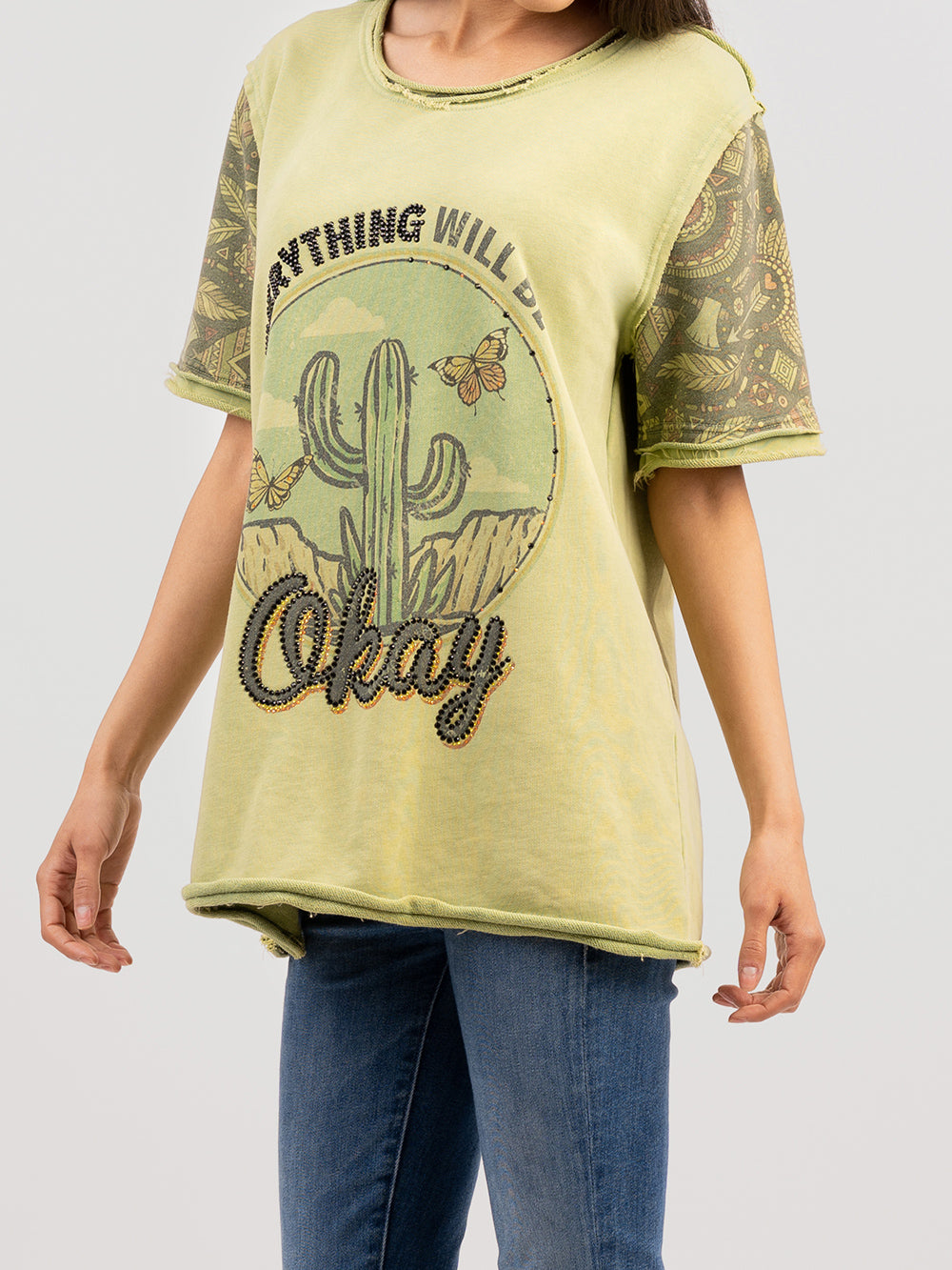 Delila Women Embroidered Washed Cactus Tee With Rhinestones - Montana West World