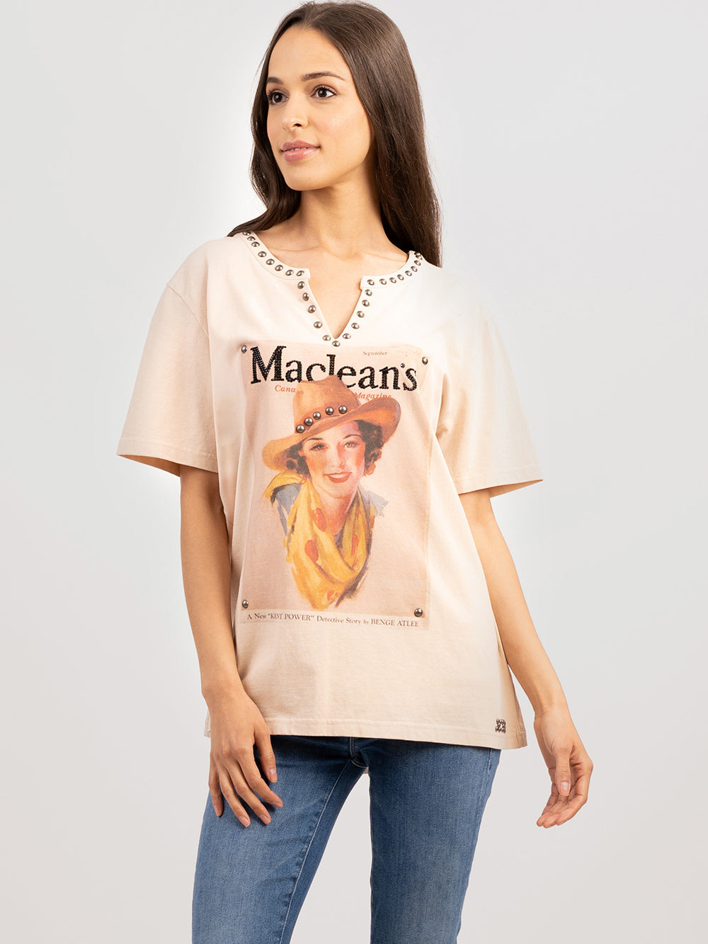 Delila Women's Washed Portrait Studed Maclean Tee - Montana West World