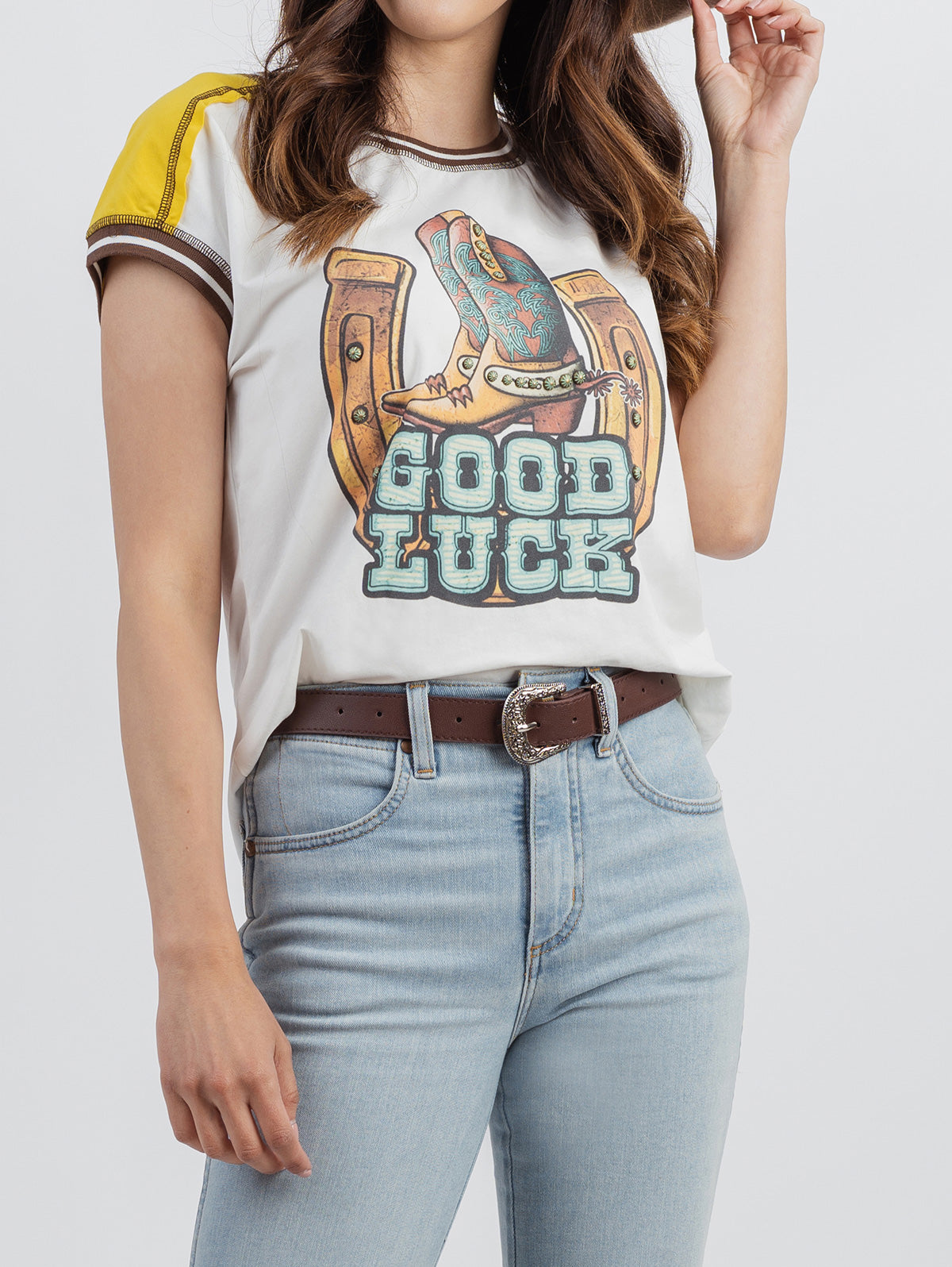 Delila Good Luck Graphic Contrast Stitching Short Sleeve Tee - Montana West World