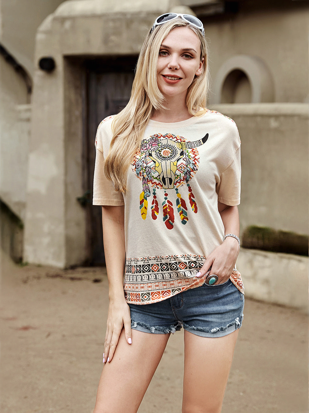 American Bling Retro OX And Aztec Graphic Women T-Shirt - Montana West World