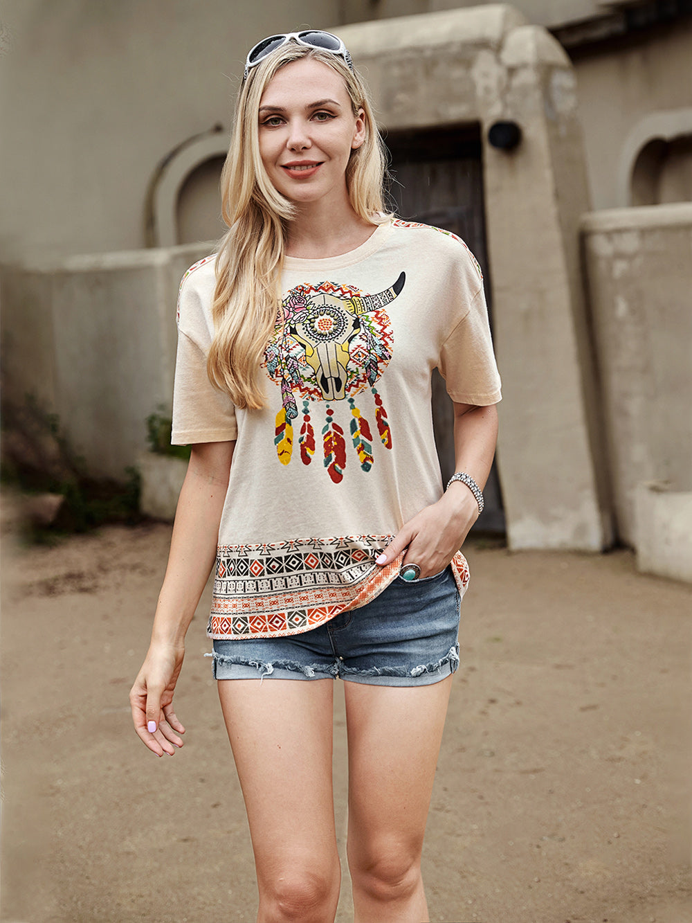 American Bling Retro OX And Aztec Graphic Women T-Shirt - Montana West World