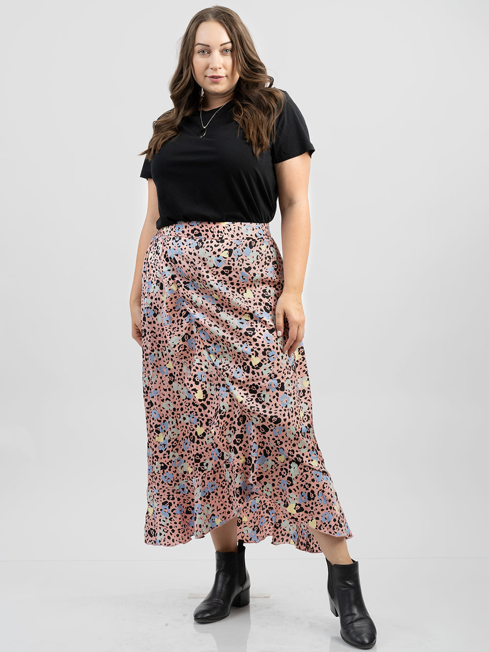 American Bling Plus Size Women’s Luxury Leopard Print Satin Frill Midi Skirt - Montana West World