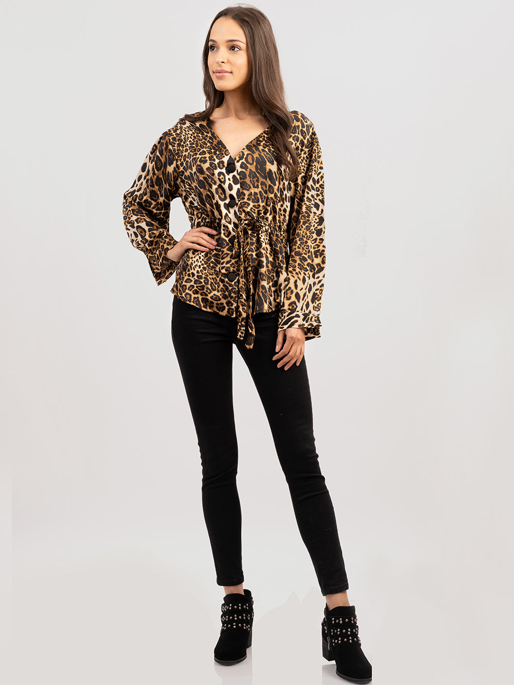 American Bling Women Leopard Print Shirt Sleeve Drawstring Blouse - Montana West World