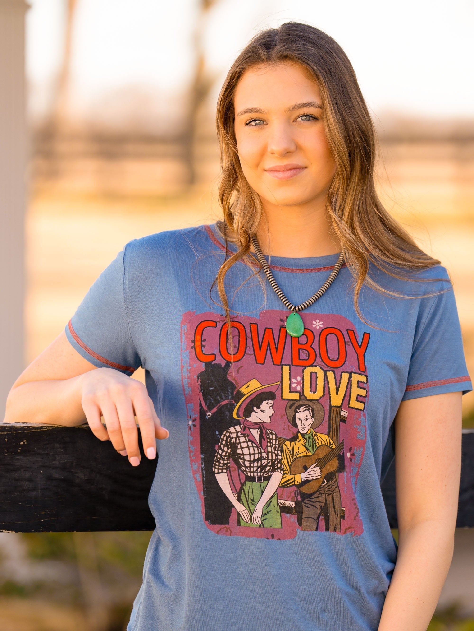 American Bling Women's Washed Contrast Stitched CowBoy Love Tee - Montana West World