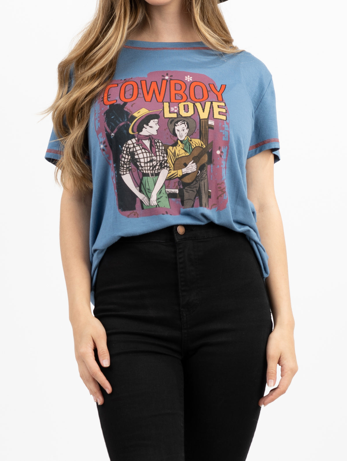 American Bling Women's Washed Contrast Stitched CowBoy Love Tee - Montana West World