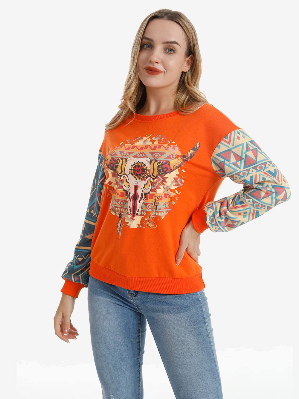 American Bling Women Bull Skull Patchwork Aztec Sweatshirt - Montana West World