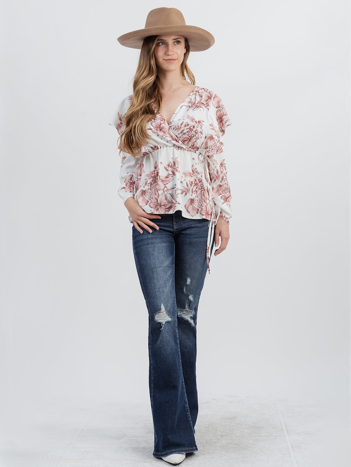 American Bling Plus Size Women Floral Print Ruffle 3/4 Sleeve Wrap Blouse - Montana West World