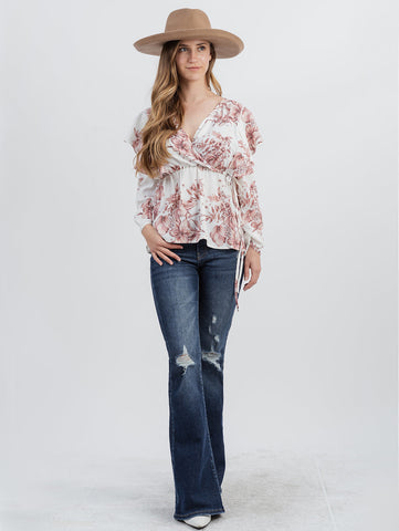 American Bling Plus Size Women Floral Print Ruffle 3/4 Sleeve Wrap Blouse - Montana West World