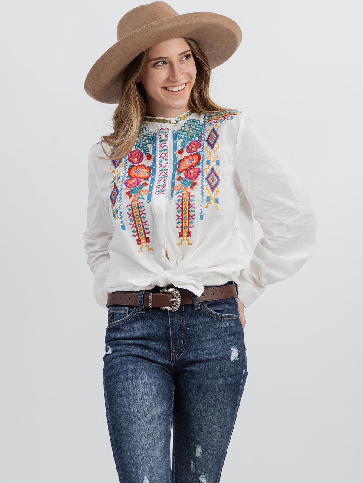 American Bling Women Aztec&Floral Embroidered Long Sleeve Shirt - Montana West World