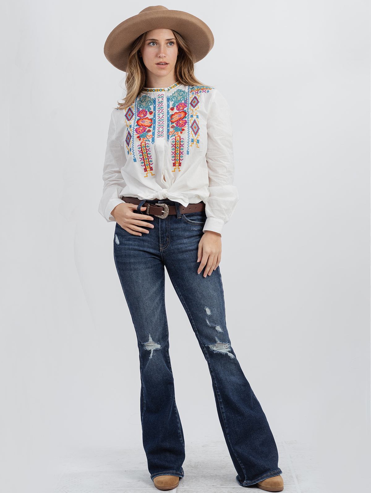 American Bling Women Aztec&Floral Embroidered Long Sleeve Shirt - Montana West World