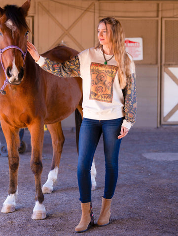 Delila Women's Studded Print Distressed Long Sleeve Sweatshirt - Montana West World