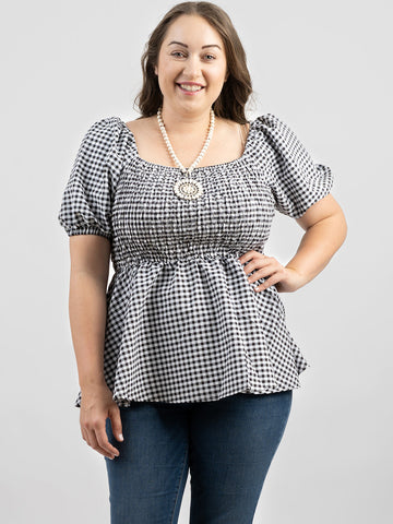 American Bling Plus Size Women Gingham/Check Fabric Short Puff Sleeve Top - Montana West World