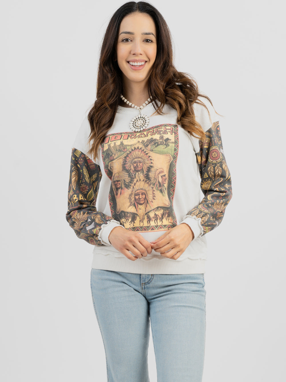 Delila Women's Studded Print Distressed Long Sleeve Sweatshirt - Montana West World