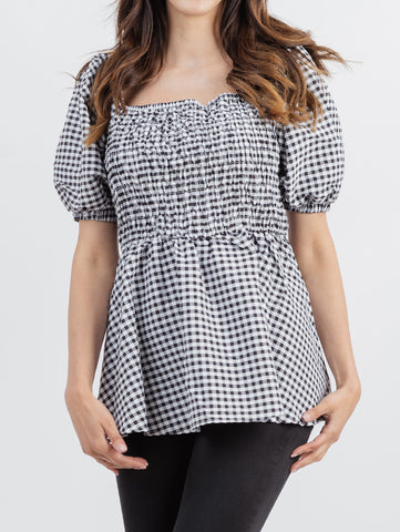 American Bling Plus Size Women Gingham/Check Fabric Short Puff Sleeve Top - Montana West World