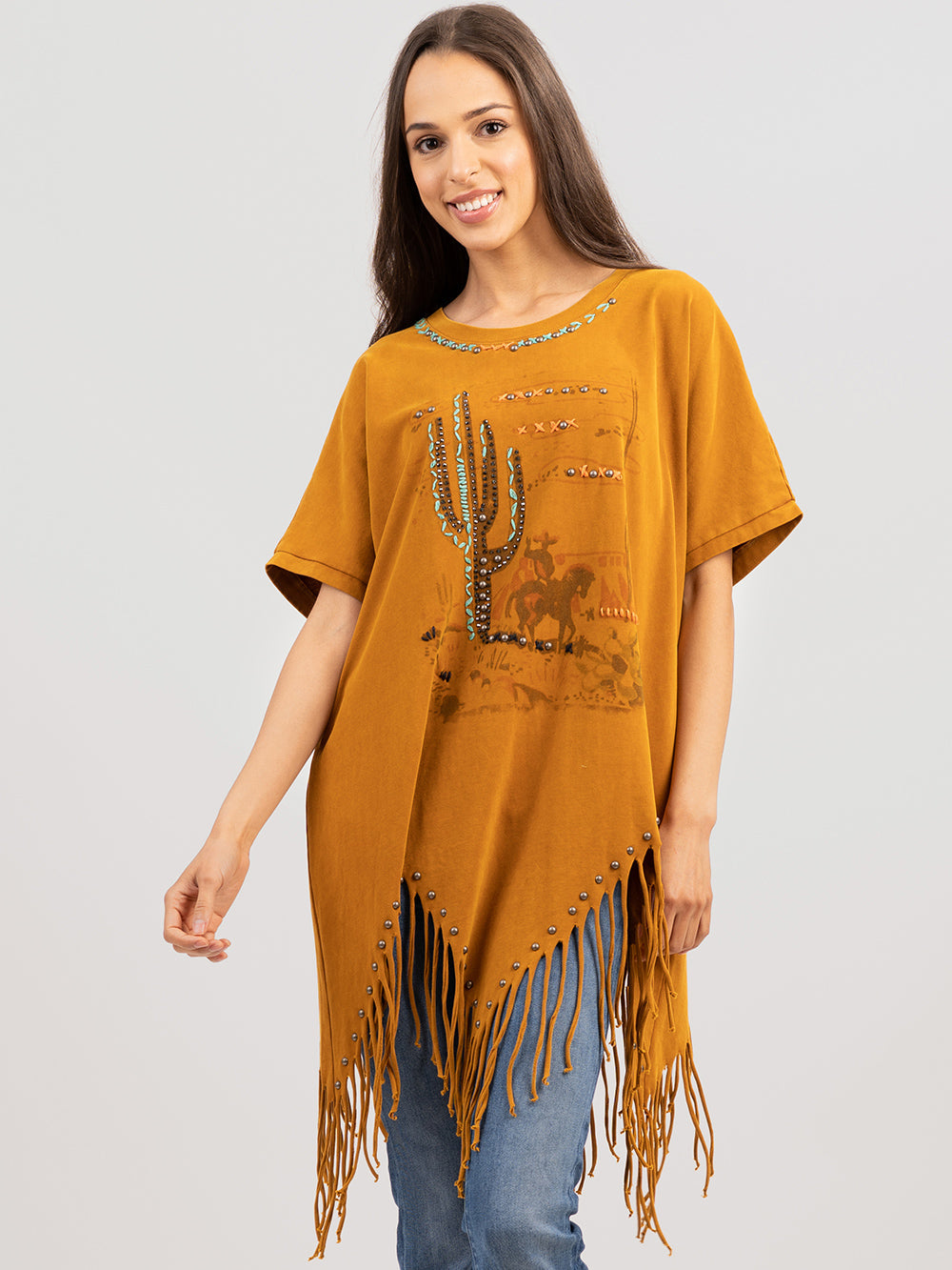 Delila Women Oversized Washed Desert Cactus Fringe Top - Montana West World