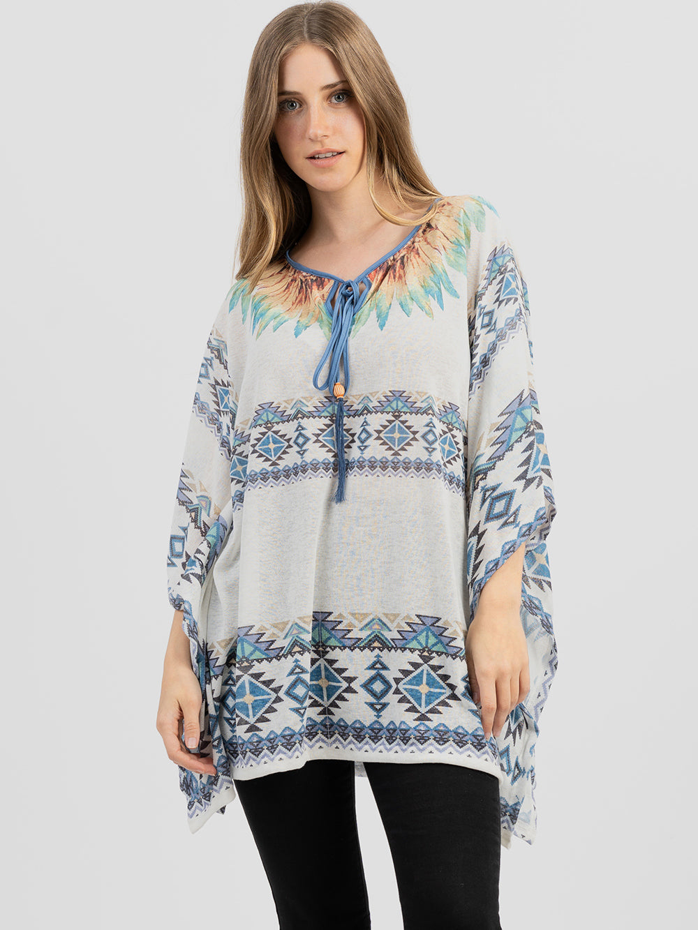 Delila Women's Mineral Wash Aztec Feather Drop-shoulder Relaxed Sleeve Tee - Montana West World