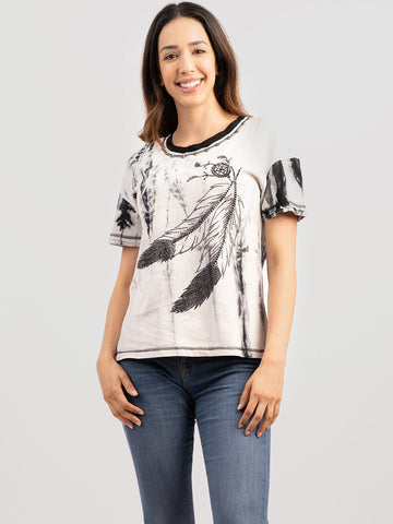 Delila Women’s Washed Feather Tee With Rhinestones - Montana West World