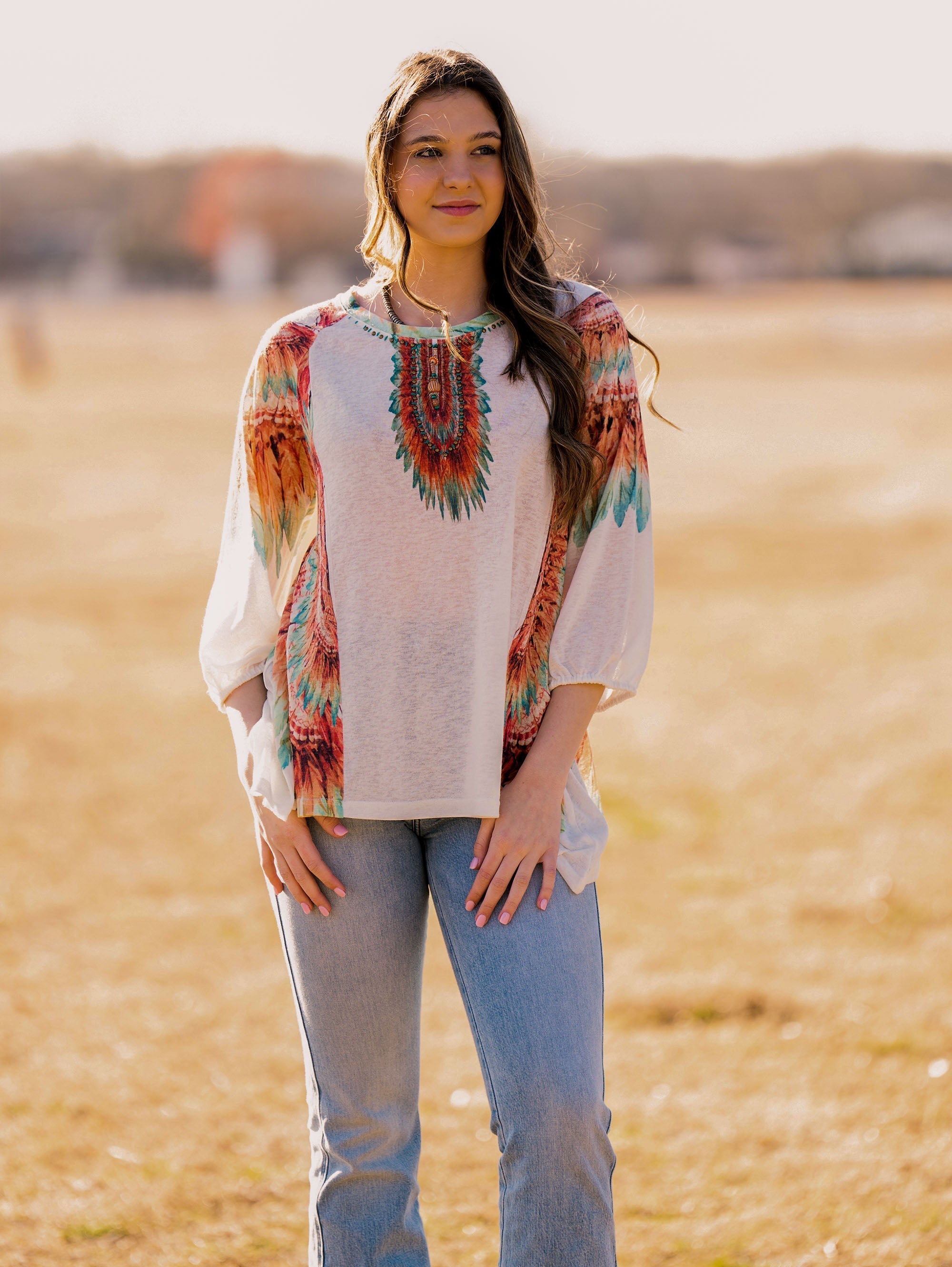 Women's Hand Stitched Studded Drop-shoulder Relaxed ¾ Sleeves Tee - Montana West World