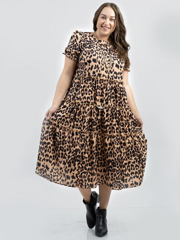 American Bling Plus Size Women Leopard Print Tiered Satin Midi Dress - Montana West World