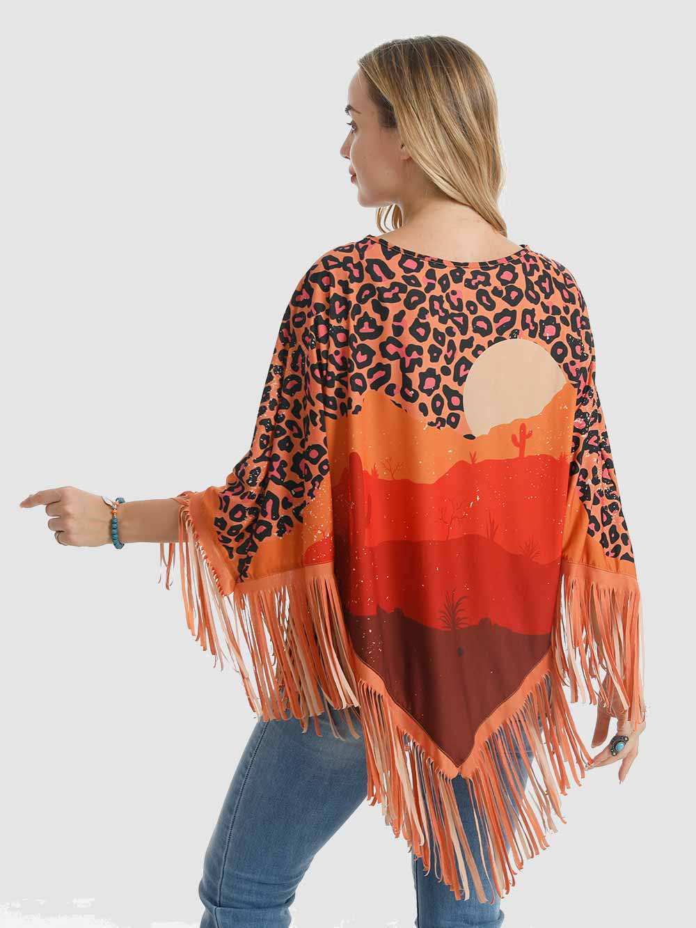 Montana West Orange Desert Sunset Print Fringe Poncho - Montana West World