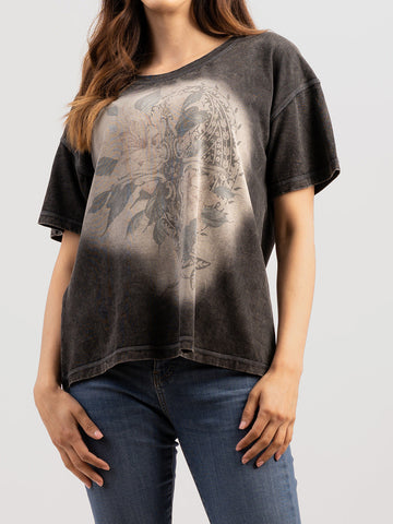Delila Women's Washed Floral Cross Tee - Montana West World