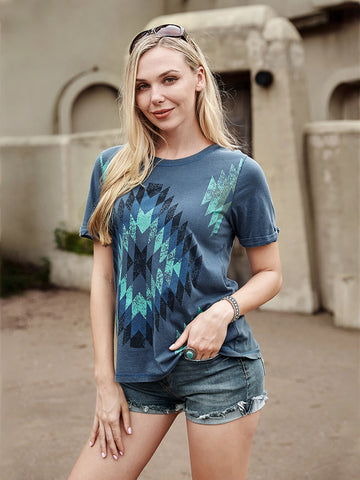 American Bling Women's  Blue Washed Aztec Vintage Tee - Montana West World
