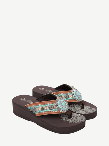 Mandala Berry Turquoise Stone Embroidered Wedge Western Flip-Flop - Montana West World