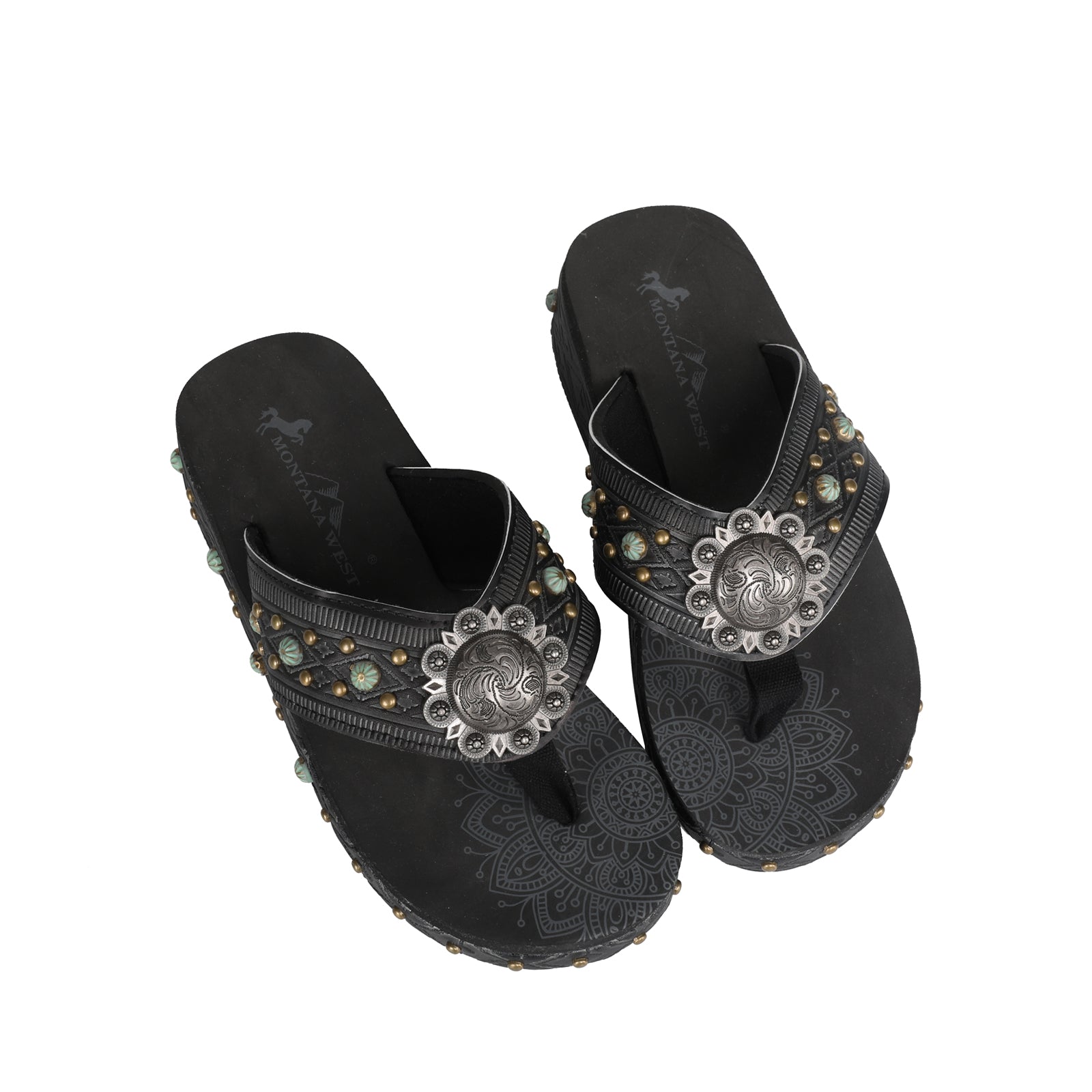 Mandala Aztec Tooled Wedge with Crosses Flip Flops - Montana West World
