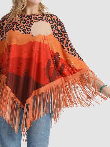 Montana West Orange Desert Sunset Print Fringe Poncho - Montana West World